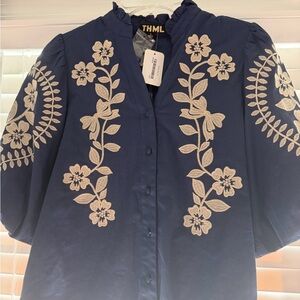 THML Navy Floral Embroidered Blouse